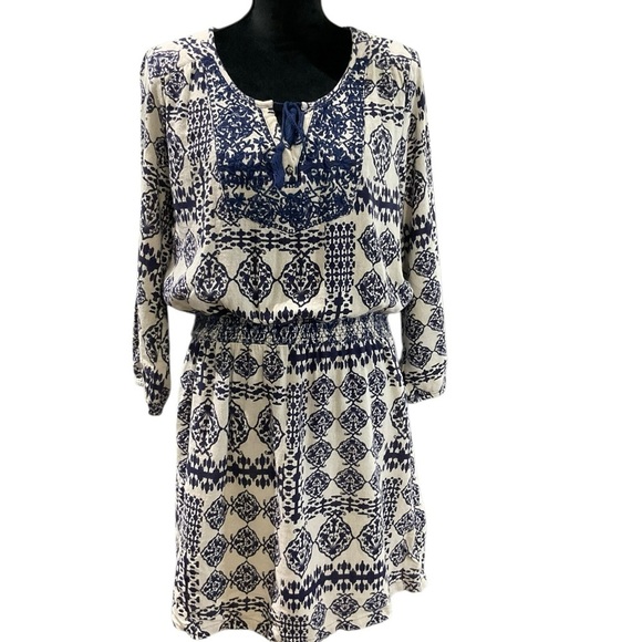 Lucky Brand Blue and White Ikat Long Sleeve Elastic Waist Dress Size XL - Picture 1 of 6